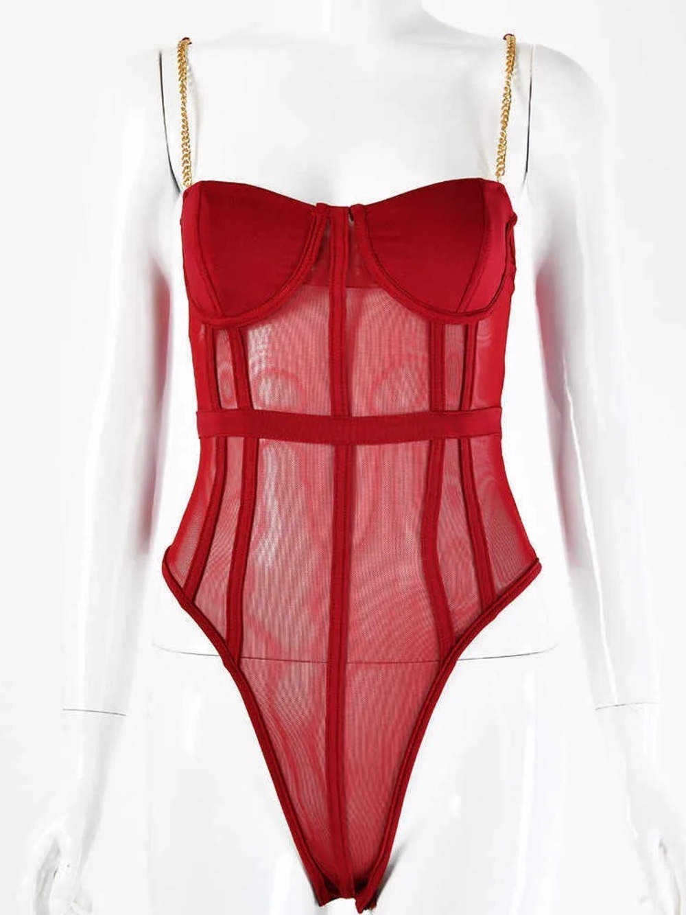 Source Unknown Burgundy Sheer Mesh Bodysuit with Gold Chain Straps